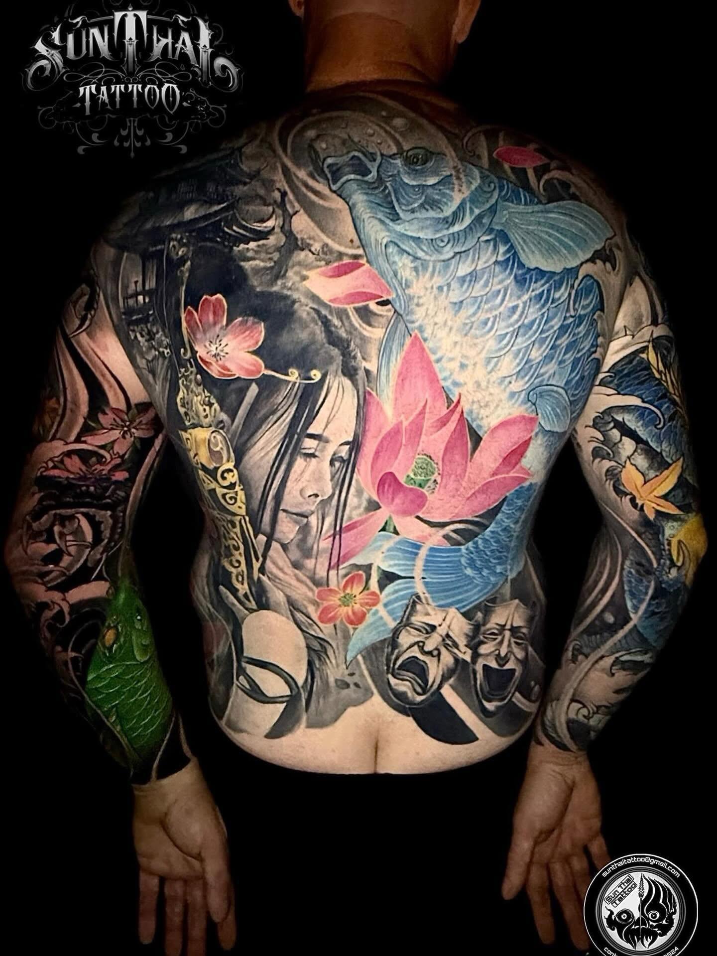 Japanese back piece with koi, geisha and lotus