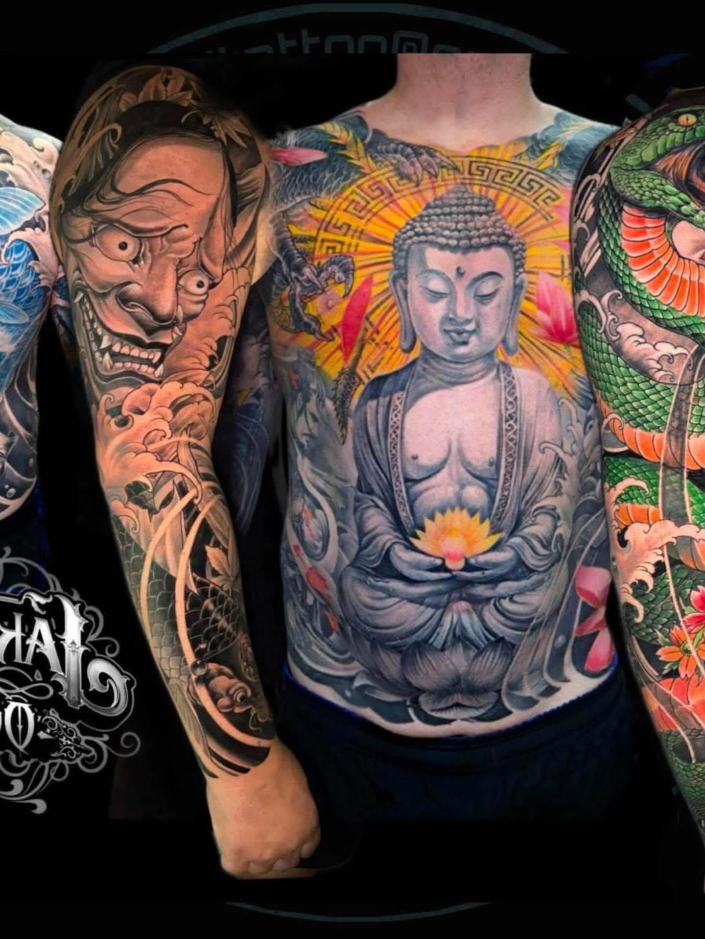 Buddha chest and Hannya sleeve tattoo