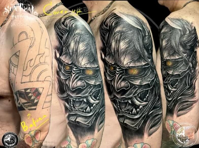 Cover-up before and after: black and grey Hannya mask sleeve