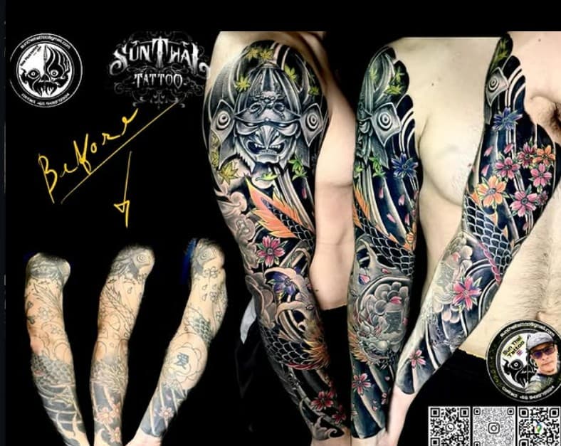 Cover-up before and after: colour Japanese sleeve with samurai mask and koi