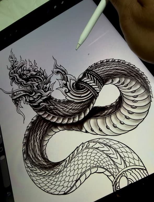 Hand-drawn Thai Naga dragon design by Sun