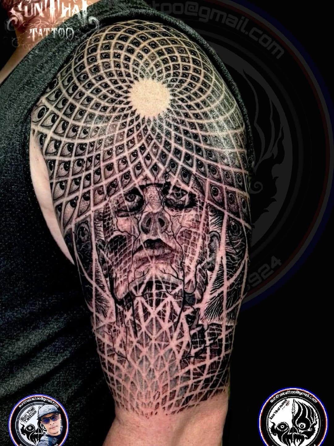 Geometric dotwork and realistic portrait sleeve