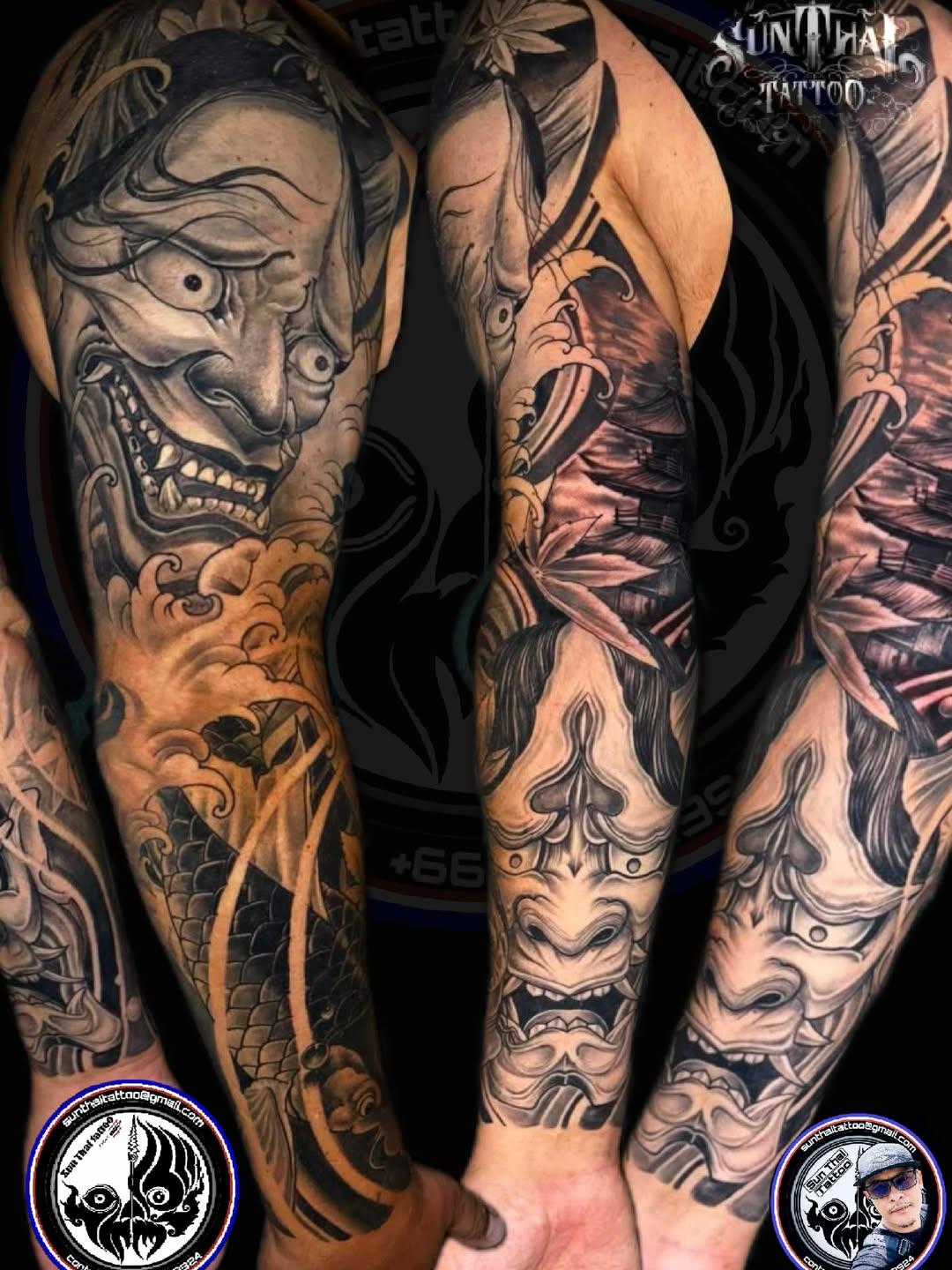 Hannya mask and koi black and grey sleeve